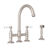 San Julio Deck Mount C-Spout 3 Leg Bridge Kitchen Faucet with Sidespray - Satin Nickel with White Porcelain Lever Handle | Model Number: A1461LPWSSTN-2 - Product Knockout