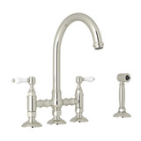 San Julio Deck Mount C-Spout 3 Leg Bridge Kitchen Faucet with Sidespray - Polished Nickel with White Porcelain Lever Handle | Model Number: A1461LPWSPN-2 - Product Knockout