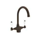 San Julio Single Hole C-Spout Kitchen Faucet - Tuscan Brass with White Porcelain Lever Handle | Model Number: A1676LPTCB-2 - Product Knockout