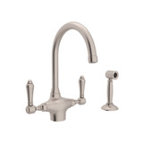 San Julio Single Hole C-Spout Kitchen Faucet with Sidespray - Satin Nickel with Metal Lever Handle | Model Number: A1676LMWSSTN-2 - Product Knockout