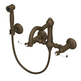 Acqui Wall Mount Column Spout Bridge Kitchen Faucet with Sidespray - Tuscan Brass with White Porcelain Lever Handle | Model Number: A1456LPWSTCB-2 - Product Knockout