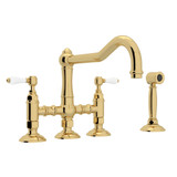 Acqui Deck Mount Column Spout 3 Leg Bridge Kitchen Faucet with Sidespray - Unlacquered Brass with White Porcelain Lever Handle | Model Number: A1458LPWSULB-2 - Product Knockout