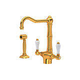 Acqui Single Hole Column Spout Kitchen Faucet with Sidespray - Italian Brass with White Porcelain Lever Handle | Model Number: A1679LPWSIB-2 - Product Knockout