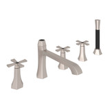 Bellia 5-Hole Deck Mount Tub Filler with Handshower - Satin Nickel with Cross Handle | Model Number: BE26X-STN - Product Knockout