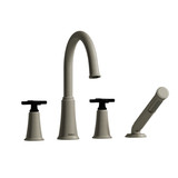 Momenti 4-Hole Deck Mount Tub Filler with C-Spout  - Brushed Nickel and Black with X-Shaped Handles | Model Number: MMRD12XBNBK - Product Knockout