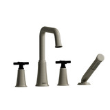 Momenti 4-Hole Deck Mount Tub Filler with U-Spout  - Brushed Nickel and Black with Cross Handles | Model Number: MMSQ12+BNBK - Product Knockout