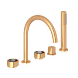 Eclissi 5-Hole Deck Mount Tub Filler - C-Spout - Satin Gold with Polished Chrome Accent with Circular Handle | Model Number: EC06D5IWSGC - Product Knockout