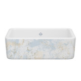 DISCONTINUED Lancaster™ 30" Single Bowl Farmhouse Apron Front Fireclay Kitchen Sink With Patina Design - Patina in Blue/Gold | Model Number: RC3018WHPTBG