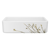 36 Inch Lancaster Single Bowl Farmhouse Apron Front Fireclay Kitchen Sink With Wild Grass Design - White With Design | Model Number: RC3618WHWGGO - Product Knockout