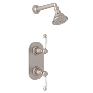 Arcana Thermostatic Shower Package - Satin Nickel with Ornate White Porcelain Lever Handle | Model Number: ACKIT51EOP-STN - Product Knockout
