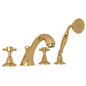 Hex 4-Hole Deck Mount Spout Tub Filler with Handshower - Italian Brass with Cross Handle | Model Number: A1804XMIB - Product Knockout