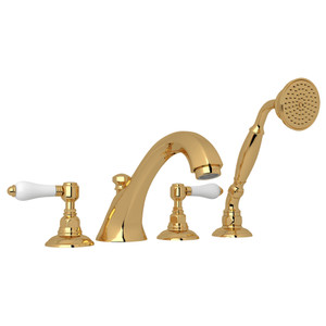 Hex 4-Hole Deck Mount Spout Tub Filler with Handshower - Italian Brass with White Porcelain Lever Handle | Model Number: A1804LPIB - Product Knockout