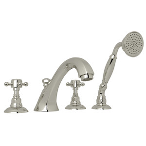 Hex 4-Hole Deck Mount Spout Tub Filler with Handshower - Polished Nickel with Cross Handle | Model Number: A1804XMPN - Product Knockout