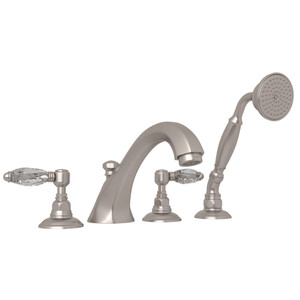 Hex 4-Hole Deck Mount Spout Tub Filler with Handshower - Satin Nickel with Crystal Metal Lever Handle | Model Number: A1804LCSTN - Product Knockout