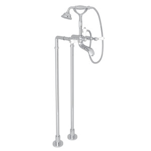 Hex Exposed Floor Mount Tub Filler with Handshower and Floor Pillar Legs or Supply Unions - Polished Chrome with White Porcelain Lever Handle | Model Number: AKIT1801NLPAPC - Product Knockout