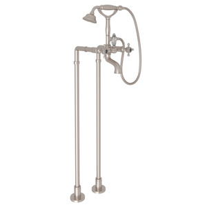 Hex Exposed Floor Mount Tub Filler with Handshower and Floor Pillar Legs or Supply Unions - Satin Nickel with Crystal Cross Handle | Model Number: AKIT1801NXCSTN - Product Knockout