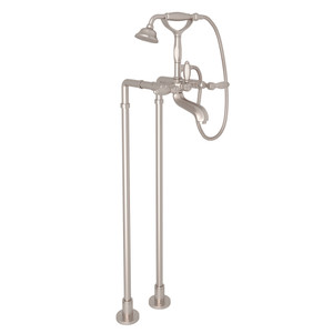 Hex Exposed Floor Mount Tub Filler with Handshower and Floor Pillar Legs or Supply Unions - Satin Nickel with Metal Lever Handle | Model Number: AKIT1801NLHSTN - Product Knockout
