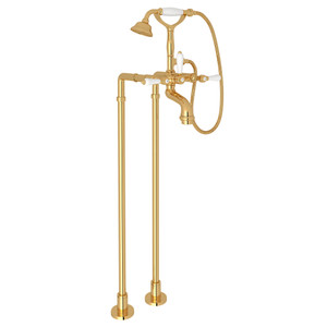 San Julio Exposed Floor Mount Tub Filler with Handshower and Floor Pillar Legs or Supply Unions - Italian Brass with White Porcelain Lever Handle | Model Number: AKIT2101NLPIB - Product Knockout