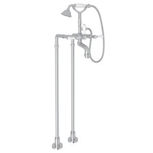 San Julio Exposed Floor Mount Tub Filler with Handshower and Floor Pillar Legs or Supply Unions - Polished Chrome with White Porcelain Lever Handle | Model Number: AKIT2101NLPAPC - Product Knockout