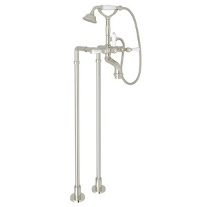 San Julio Exposed Floor Mount Tub Filler with Handshower and Floor Pillar Legs or Supply Unions - Polished Nickel with White Porcelain Lever Handle | Model Number: AKIT2101NLPPN - Product Knockout