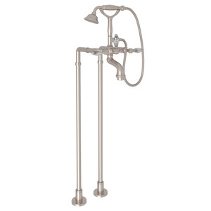 San Julio Exposed Floor Mount Tub Filler with Handshower and Floor Pillar Legs or Supply Unions - Satin Nickel with Crystal Metal Lever Handle | Model Number: AKIT2101NLCSTN - Product Knockout