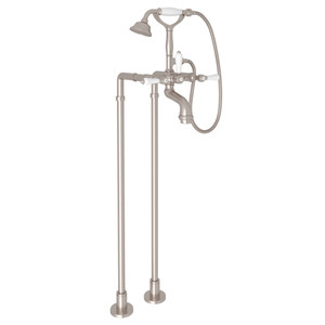 San Julio Exposed Floor Mount Tub Filler with Handshower and Floor Pillar Legs or Supply Unions - Satin Nickel with White Porcelain Lever Handle | Model Number: AKIT2101NLPSTN - Product Knockout