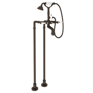 San Julio Exposed Floor Mount Tub Filler with Handshower and Floor Pillar Legs or Supply Unions - Tuscan Brass with White Porcelain Lever Handle | Model Number: AKIT2101NLPTCB - Product Knockout