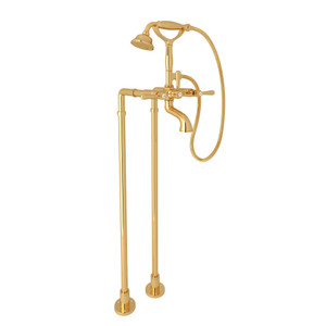 Verona Exposed Floor Mount Tub Filler with Handshower and Floor Pillar Legs or Supply Unions - Italian Brass with Metal Lever Handle | Model Number: AKIT2701NLMIB - Product Knockout