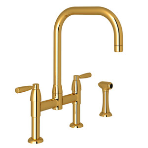 Holborn U-Spout Bridge Kitchen Faucet with Sidespray - Unlacquered Brass with Metal Lever Handle | Model Number: U.4279LS-ULB-2 - Product Knockout