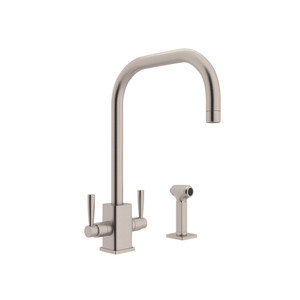Holborn Single Hole U-Spout Kitchen Faucet with Square Body and Sidespray - Satin Nickel with Metal Lever Handle | Model Number: U.4310LS-STN-2 - Product Knockout