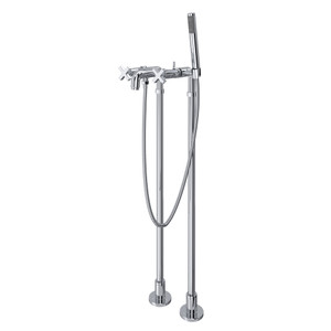 Lombardia Exposed Floor Mount Tub Filler with Handshower and Floor Pillar Legs or Supply Unions - Polished Chrome with Cross Handle | Model Number: AKIT2202NXMAPC - Product Knockout