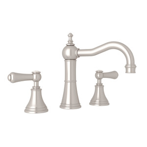 Georgian Era Column Spout Widespread Faucet - Satin Nickel with White Porcelain Lever Handle | Model Number: U.3723LSP-STN-2 - Product Knockout