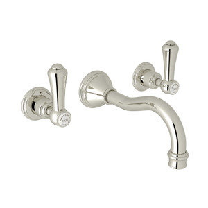 Georgian Era Wall Mount Widespread Bathroom Faucet - Polished Nickel with White Porcelain Lever Handle | Model Number: U.3793LSP-PN/TO-2 - Product Knockout
