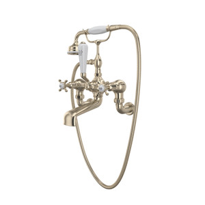 Edwardian Exposed Wall Mount Tub Filler with Handshower - Satin Nickel with Cross Handle | Model Number: U.3511X/1-STN - Product Knockout