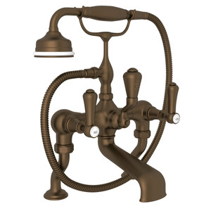 Georgian Era Exposed Deck Mount Tub Filler with Handshower - English Bronze with White Porcelain Lever Handle | Model Number: U.3000LSP/1-EB - Product Knockout