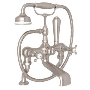 Georgian Era Exposed Deck Mount Tub Filler with Handshower - Satin Nickel with Cross Handle | Model Number: U.3001X/1-STN - Product Knockout