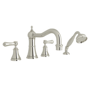 Georgian Era 4-Hole Deck Mount Column Spout Tub Filler with Handshower - Polished Nickel with White Porcelain Lever Handle | Model Number: U.3747LSP-PN - Product Knockout