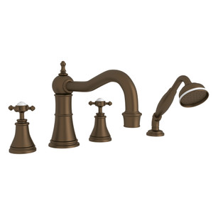 Georgian Era 4-Hole Deck Mount Column Spout Tub Filler with Handshower - English Bronze with Cross Handle | Model Number: U.3748X-EB - Product Knockout