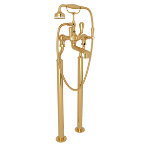 Georgian Era Exposed Floor Mount Tub Filler with Handshower - English Gold with White Porcelain Lever Handle | Model Number: U.3012LSP/1-EG - Product Knockout