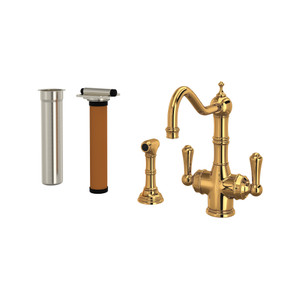 Edwardian Filtration 2-Lever Kitchen Faucet with Sidespray - English Gold with Metal Lever Handle | Model Number: U.KIT1570LS-EG-2 - Product Knockout