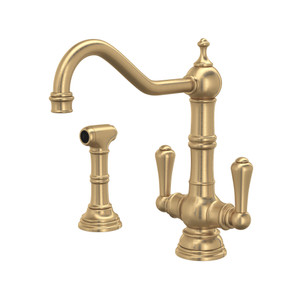 Edwardian Single Hole Kitchen Faucet with Lever Handles and Sidespray - Satin English Gold with Metal Lever Handle | Model Number: U.4766SEG-2 - Product Knockout
