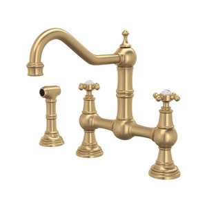 Edwardian Bridge Kitchen Faucet with Sidespray - Satin English Gold with Cross Handle | Model Number: U.4755X-SEG-2 - Product Knockout