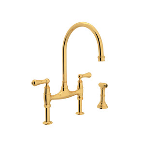 Georgian Era Bridge Kitchen Faucet with Sidespray - English Gold with Metal Lever Handle | Model Number: U.4719L-EG-2 - Product Knockout