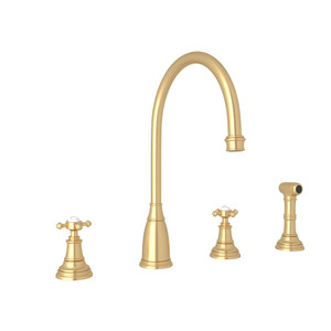 Georgian Era 4-Hole C-Spout Kitchen Faucet with Sidespray - Satin English Gold with Cross Handle | Model Number: U.4735X-SEG-2 - Product Knockout