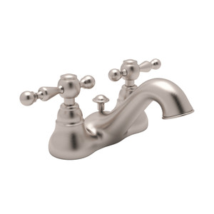 Arcana 4 Inch Centerset Bathroom Faucet - Satin Nickel with Ornate Metal Lever Handle | Model Number: AC95L-STN-2 - Product Knockout