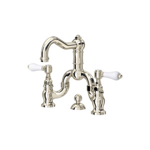 Acqui Deck Mount Bridge Bathroom Faucet - Polished Nickel with White Porcelain Lever Handle | Model Number: A1419LPPN-2 - Product Knockout