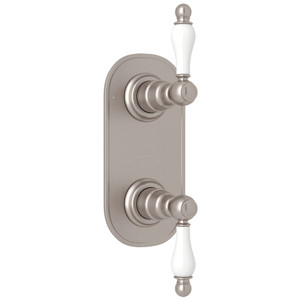 Arcana 1/2 Inch Thermostatic and Diverter Control Trim - Satin Nickel with Ornate White Porcelain Lever Handle | Model Number: AC390OP-STN/TO - Product Knockout