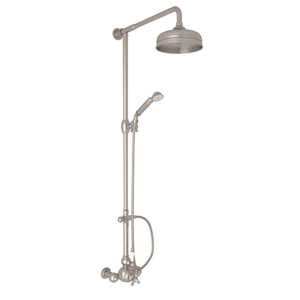 Arcana Exposed Wall Mount Thermostatic Shower with Volume Control - Satin Nickel with Ornate White Porcelain Lever Handle | Model Number: AC407OP-STN - Product Knockout