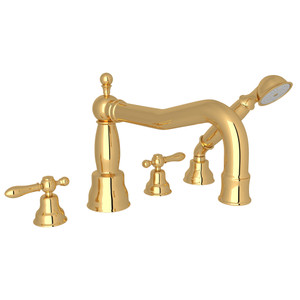 Arcana Column Spout 4-Hole Deck Mount Tub Filler with Handshower - Italian Brass with Metal Lever Handle | Model Number: AC262LM-IB - Product Knockout