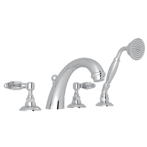 San Julio 4-Hole Deck Mount C-Spout Tub Filler with Handshower - Polished Chrome with Crystal Metal Lever Handle | Model Number: A2104LCAPC - Product Knockout